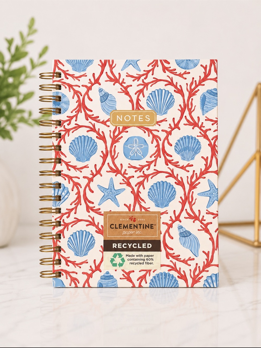 Clementine Notes Spiral Notebook -Blue Shells & Coral Pattern